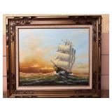 Oil on Canvas Sailing Ship by Preston Willis