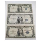 3 1935 Blue seal silver certificates 1$