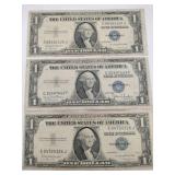 3 1935 Blue seal silver certificates 1$