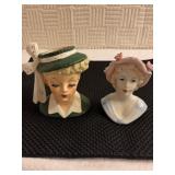 2 ladies head vases blonde hair green hat lady