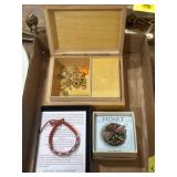 Wooden music box (Italy), Monet brooch, & 7