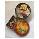 Sewing machine accessories & tin of buttons and