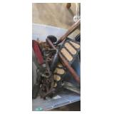 Carpet stretcher,  bit brace , fence post top,