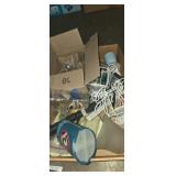Candle holders, drinking glass, plastic clothes,