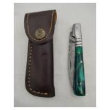 Handmade green handle pocket knife with pouch