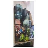 Blue ball mason jar, small figurimes , flower