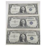 3 1957 Blue seal silver certificates 1$