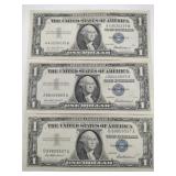3 1957 Blue seal silver certificates 1$