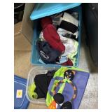 Different hats, scarves, gloves, Halloween masks