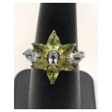 Silver yellow/ clear stone flower ring marked 925