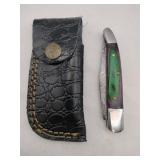 Handmade green handle pocket knife with pouch