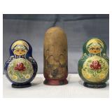 Japanese Fukurokuju kokeshi doll & 2 Matryoshka