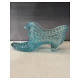 Blue opalescent hobnail Fenton art glass slipper