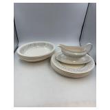 Arabesque dishes, six plates, two chipped, gravy,