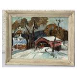 Framed 1971 paint on canvas winter scene signed