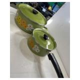 Enamelware pot and sauce pan with floral avocado