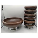 MCM dark wood and metal pedestal salad bowls