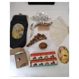 Vintage cigarette bag ,hair clips, necklace,