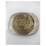 Native American Indian chief belt buckle marked