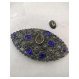 New England silver tone blue rhinestone brooch