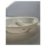 Glasbake milk glass divided dish with 'Atomic