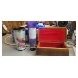 Cardinal tumbler, body cream and old wooden box