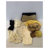 Mix of vintage purses/clutches, lace gloves,