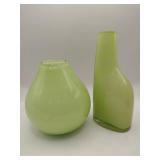 2 lime green blown art glass vases 8 / 6'
