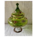 Bohemian green art,, compost dish. Gold stripes,