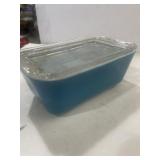 Pyrex 0502 refrigerator dish in a vibrant blue