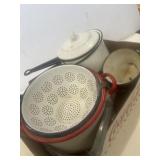 Enamelware pots, colander, cups, ladle, & plate