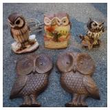 Vintage owl nightlight, chalkware owls, and