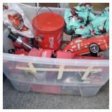 Whole tote of coca cola items. Tins, truck, misc.