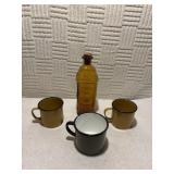 Apple berrings jar, 3 metal  drinking cups.