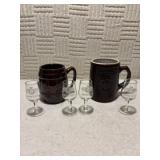 2 brown beer mugs, four MADERO shot glasses.