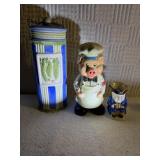Pasta, blue and ivory striped holder 12 x 5. Pig