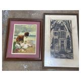 Framed dog print & framed art signed by Sally