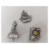 3 silver charms girl mug sailboat Marked 925.