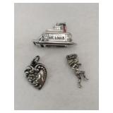 3 silver charms boat Indian and heart Marked 925.