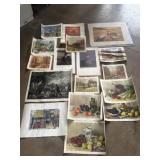 Variety of vintage art prints: landscapes,