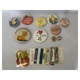 Vintage advertising & funny buttons, paperweight,