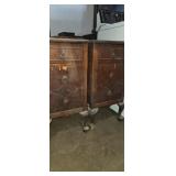 Matching pair of 3 drawer side tables (has damage