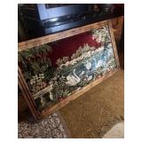 Pastoral landscape tapestry featuring swans on a