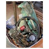 Old steering wheel, small oiler,  vehicle parts,