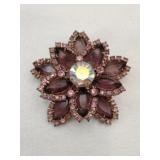 Vintage floral purple and clear rhinestone brooch