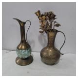 2 brass vases with brass roses 8in and 9in