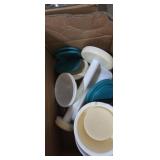 Plastic mixing bowls lid assortment and paper