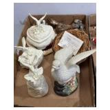 Various porcelain birds, bell, keepsake boxes,