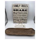 Modern Lot of two signs and a wood? center tray