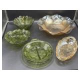 Carnival glass and green depression glass dishes
